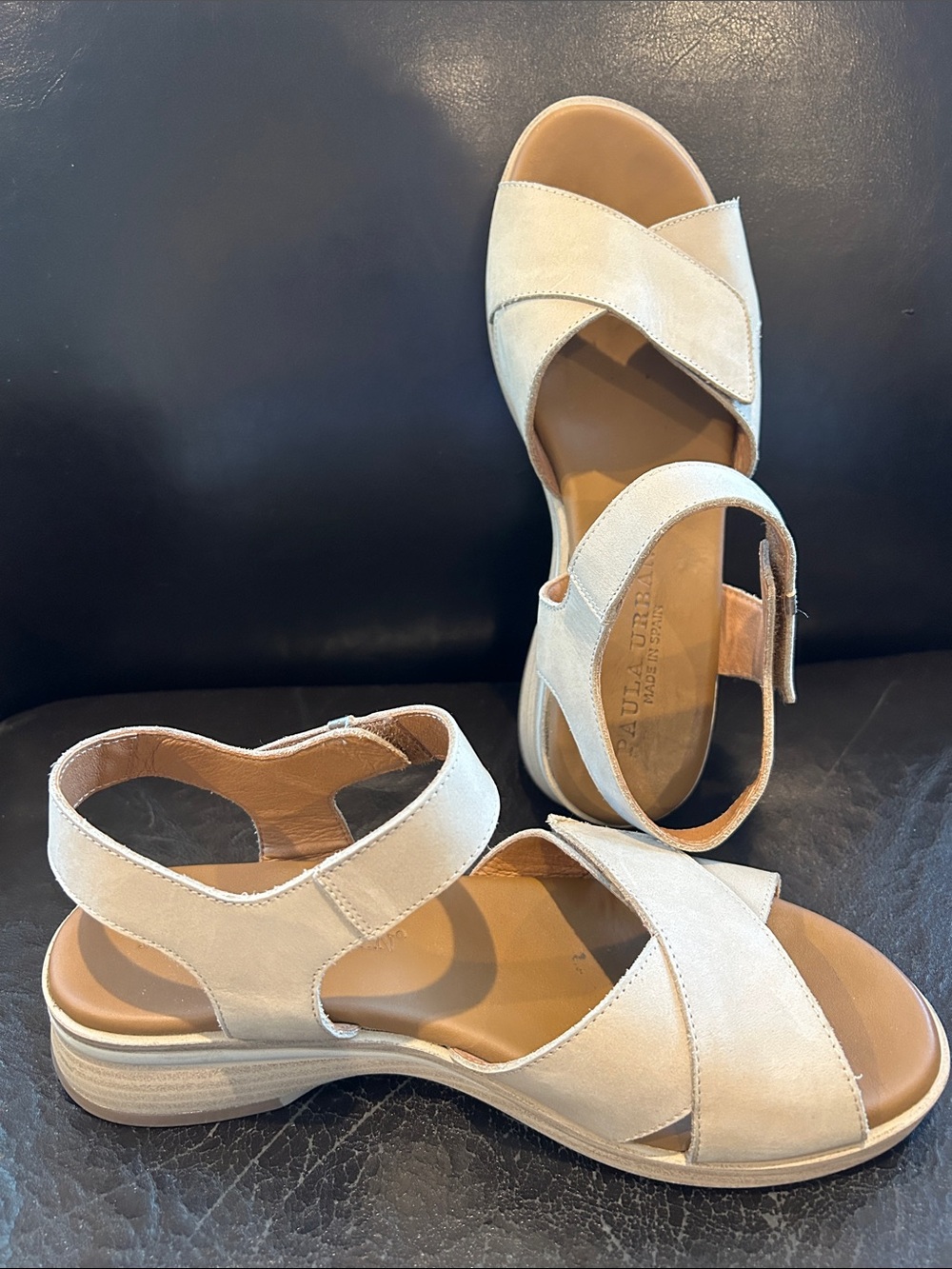 Paula Urban Women's Cream Suede Cross-Strap Sandals with Velcro straps.